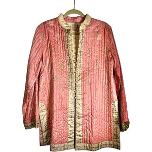 Vintage Quilted Silk Jacket Indian Block Print Kantha Artwear Boho Coat XXL